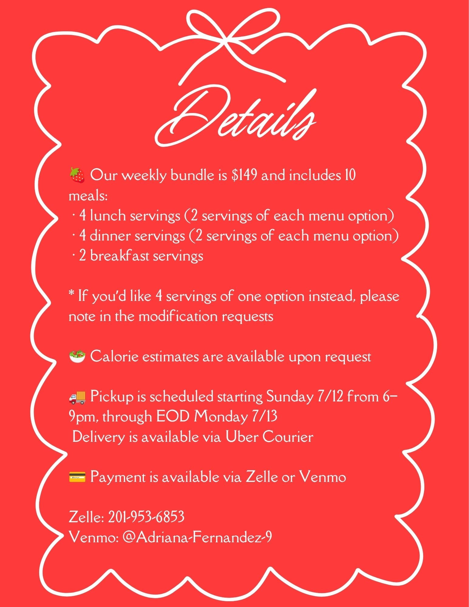 7.12 MENU - MONDAY PICKUP/DELIVERY