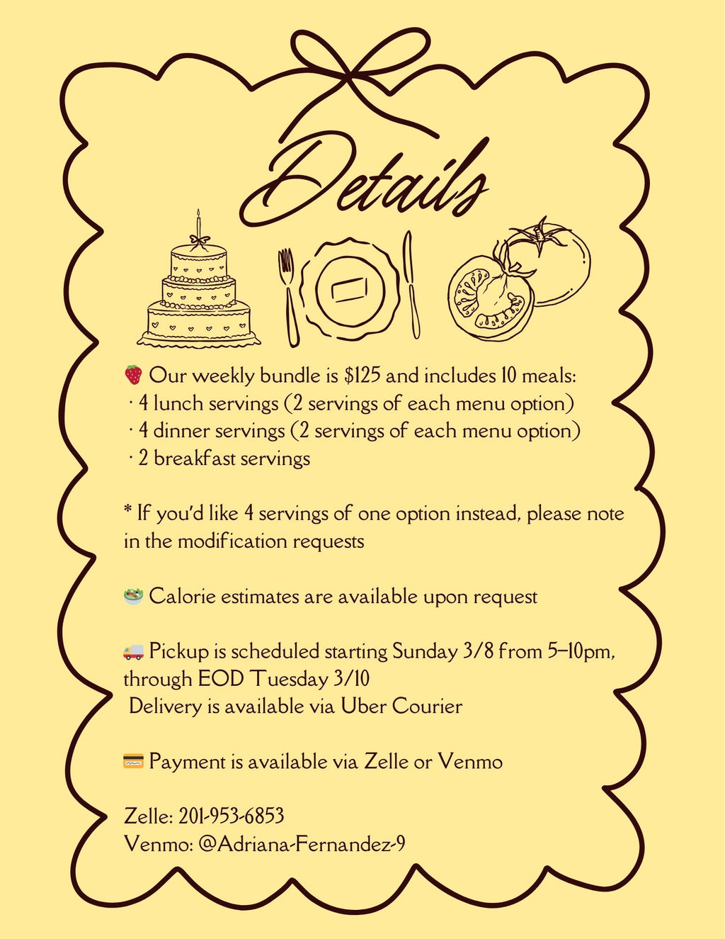 *SOLD OUT* 3/8 MENU - MONDAY PICKUP/DELIVERY