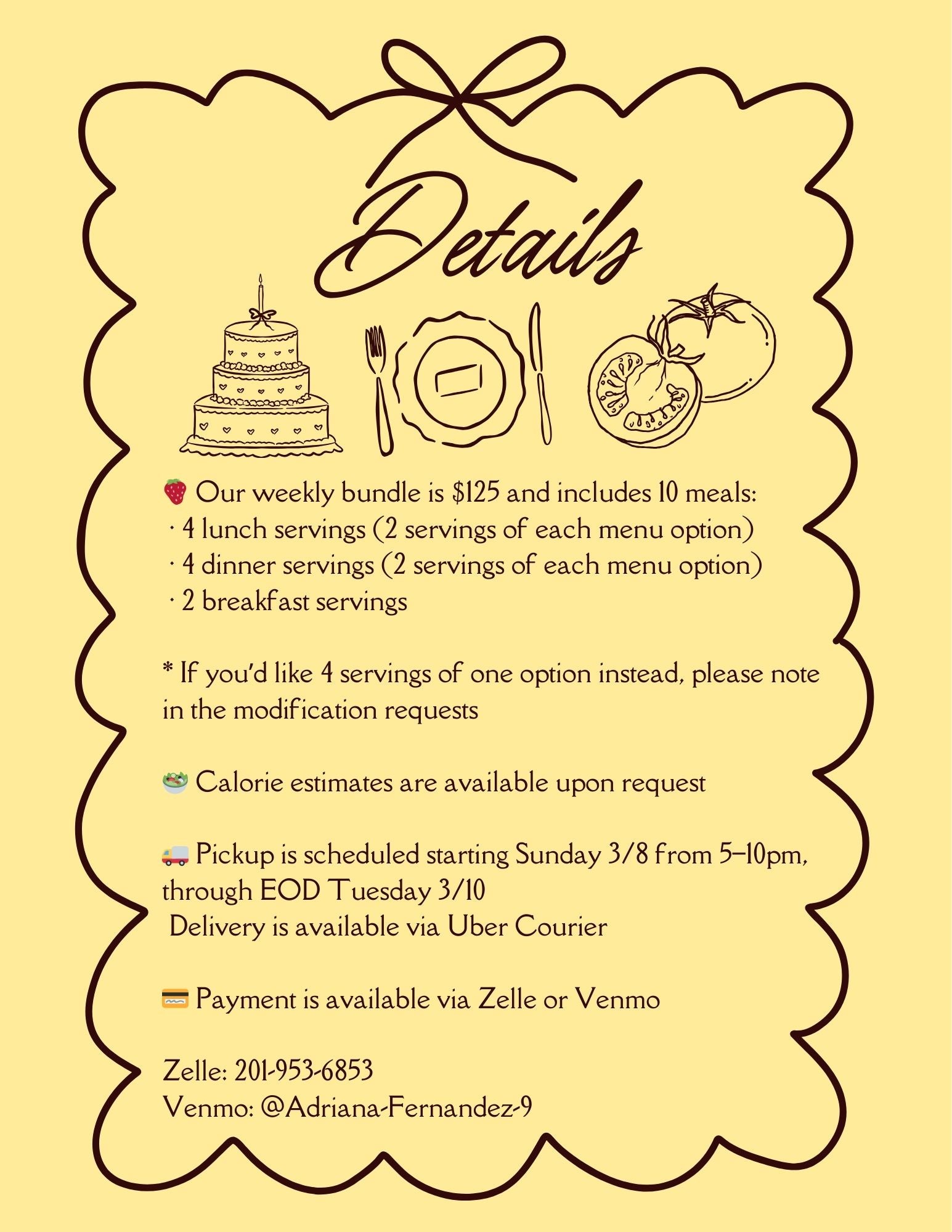 *SOLD OUT* 3/8 MENU - SUNDAY PICKUP/DELIVERY