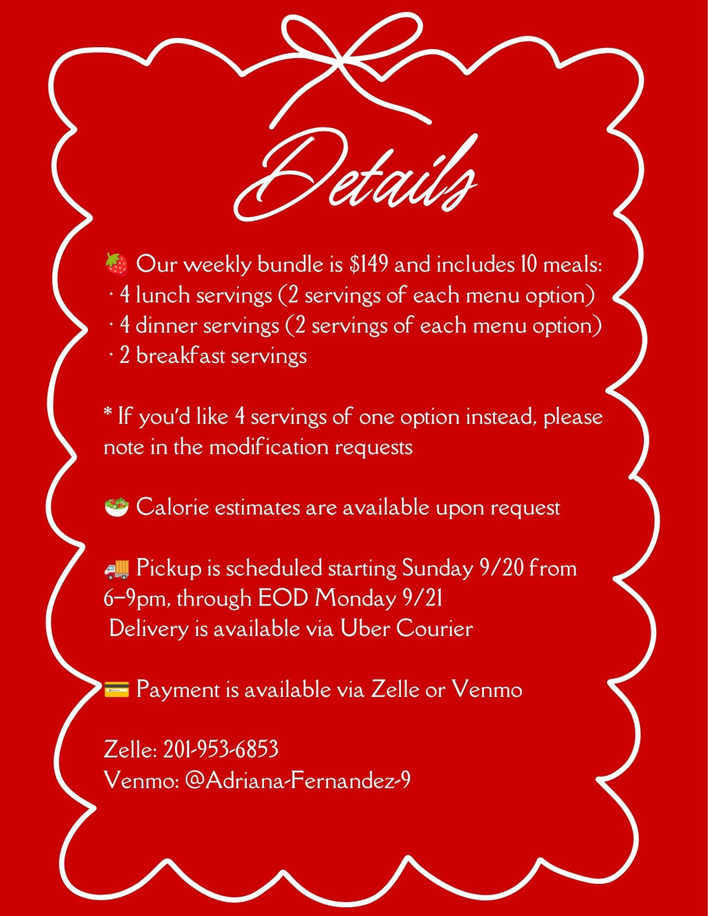 *SOLD OUT* 9.20 MENU - MONDAY PICKUP/DELIVERY